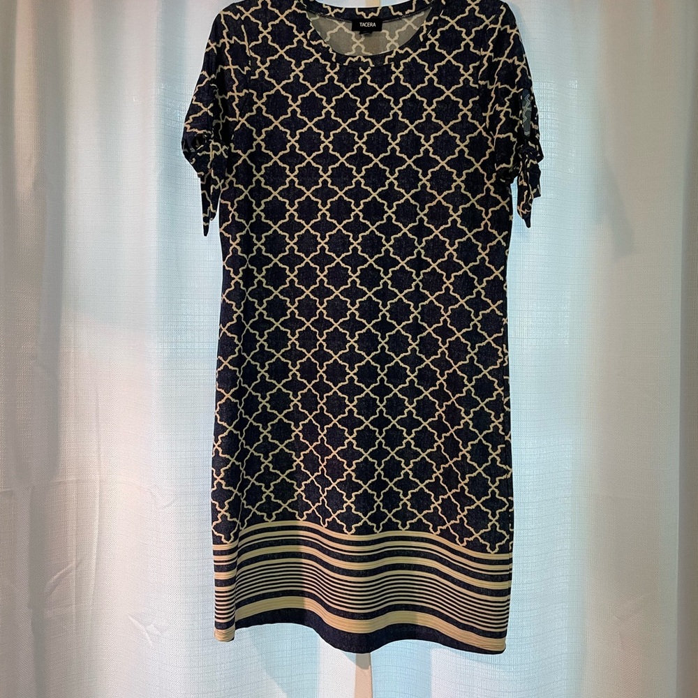 Tacera Navy and White Geometric Midi Dress